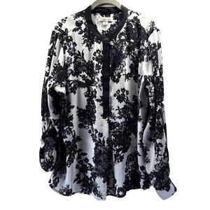 Coldwater Creek Women's Top Size XL 16 Black White Floral Popover Semi Sheer